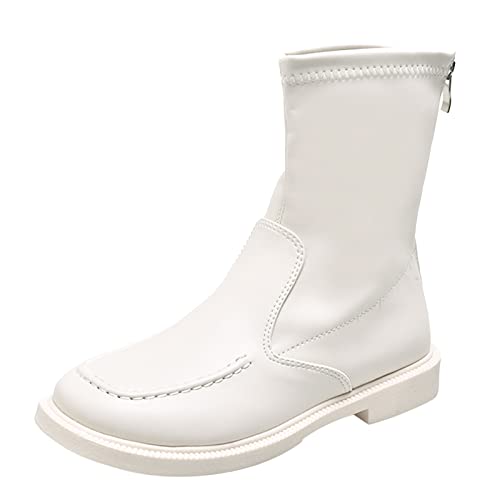 2022 - Botines cortos de piel sintética de color sólido para mujer, suela gruesa, tacones cuadrados, con cremallera, punta redonda, zapatos #13, White, 39 EU