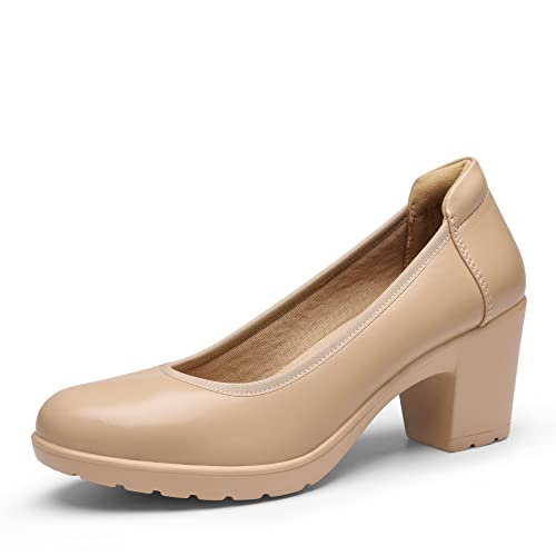 DREAM PAIRS Zapatos de Tacón Alto Cómodos Clásicos Mujer Zapatillas con Tacón Ancho Zapatos de Salón PU Trabajo Balila Desnudo SDPU2230W-E Talla 40 (EUR)