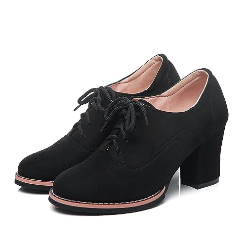 UMore Otoño Mujer Tacones Altos Vintage Gamuza con Cordones Zapatos de Negocios Elegantes Bombas de Punta Redonda Color sólido Oficina Carrera Zapatos Oxford