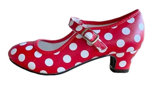 LA SEÑORITA Zapatos de Flamenco para Niñas [Talla 24 a 37] para Sevillanas y Clases de Baile Zapatos de Gitana Rojos con Lunares Blancos