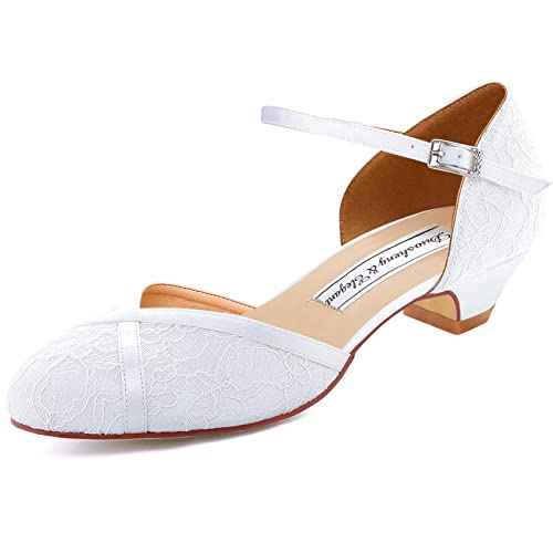 Duosheng & Elegant HC2023 Zapatos Novia Tacon Bajo con Punta Cerrada Zapatos Comodos Mujer de Encaje Zapatos Boda Blanco 38