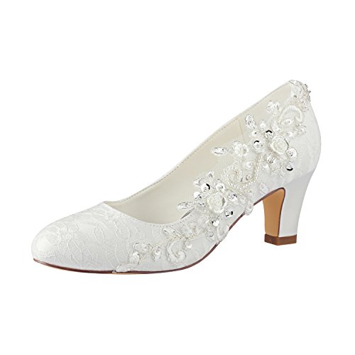 Emily Bridal Zapatos de novia para mujer, zapatos de seda como satén con tacón y decoraciones de encaje con flores, cristales y perlas, beige, 38 EU