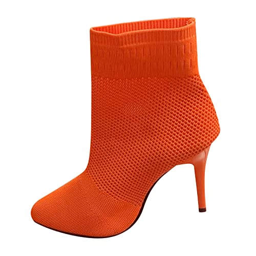 Botas de punto transpirables de color sólido de moda para mujer, botas cortas de tacón alto fino # 24, Orange, 37.5 EU