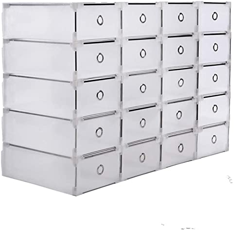 Yonntech Caja de zapatos apilable 20 pcs caja de almacenamiento con tapa plegable transparente, caja de almacenamiento multifuncional de zapatos de plástico, para hombres y mujeres (31 x 20 x 11 cm)