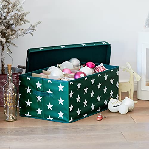 LOVE IT STORE IT - Caja de almacenamiento para bolas de Navidad - Caja para decoración navideña de tela - Reforzada con cartón - 30 compartimentos - Verde oscuro con estrellas - 58 x 36 x 25 cm