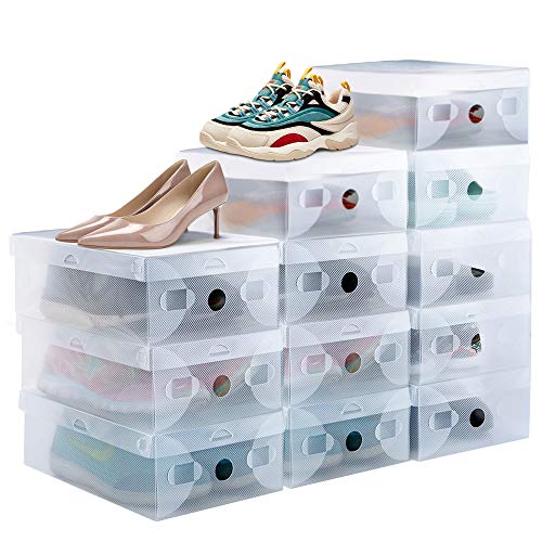PERFETSELL 12Pcs Cajas Zapatos Transparentes, Cajas para Guardar Zapatos, Cajas Apilables, Cajas Organizadoras Zapatos, Caja de Almacenamiento, Cajas de Plastico para Zapatos (27.6*18.5*9.5cm, 40 EU)
